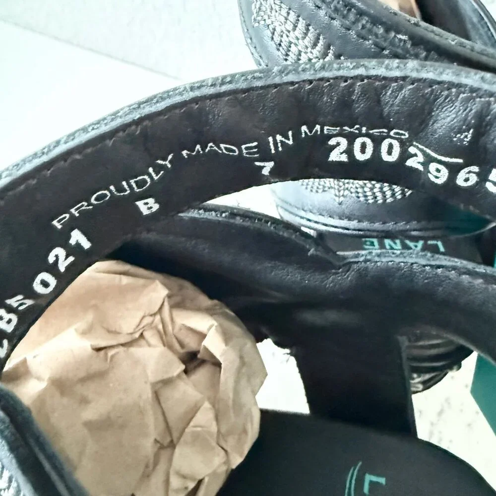 Lane Lexington Jet Black Leather Western Wedge Sandals Wood Heel Womens 7 - Picture 8 of 11